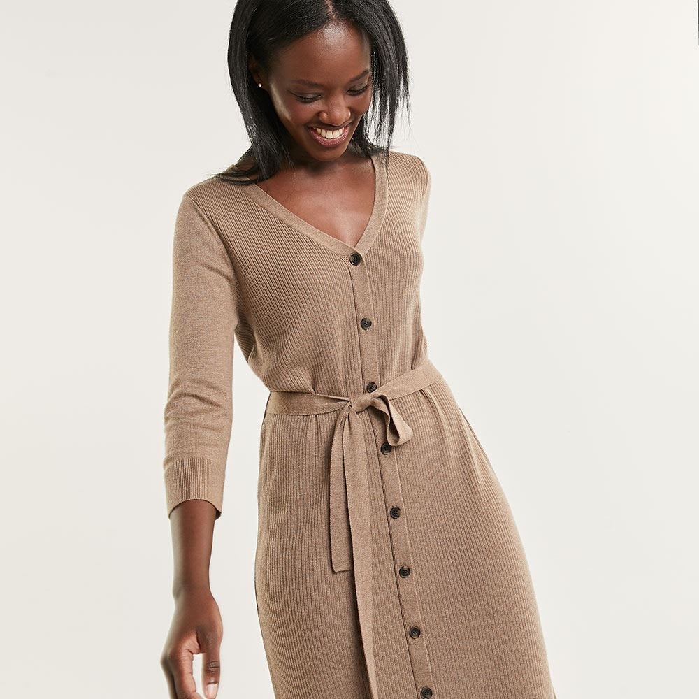 Button Down Belted V-neck Dress